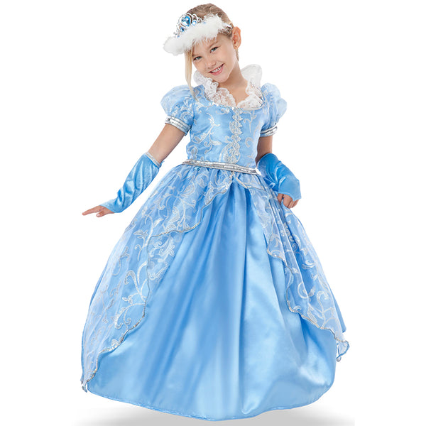 Little girl posing in an ice-blue children's princess costume with jeweled tiara and lace ruffles.