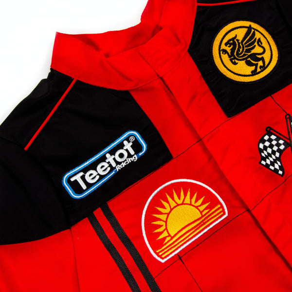 Red racing suit with logos on a white background