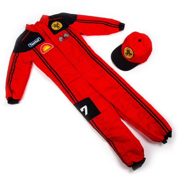 Red racing suit with black accents and a matching cap on a white background