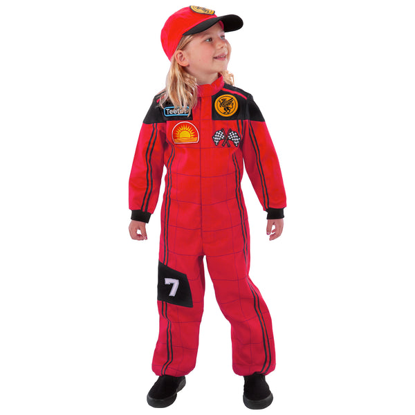 Little Girl wearing a red race car driver costume with logos on a white background