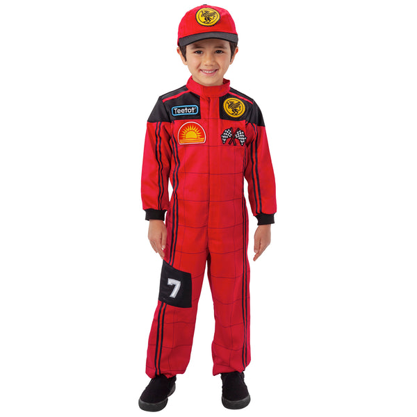 Child wearing a red racing uniform suit with various logos on a white background