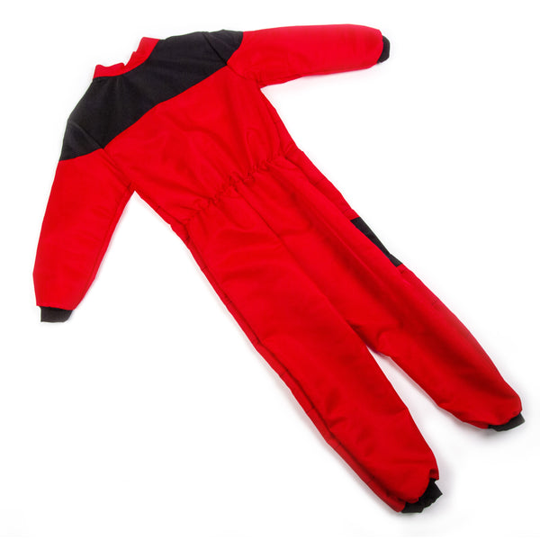 Red and black jumpsuit on a white background - back of Formula One Style racing costume.
