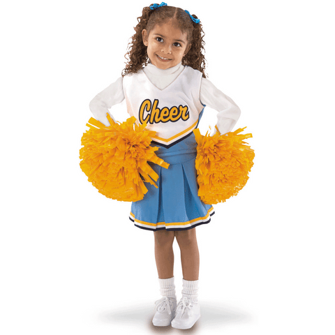 Little girl poses wearing a white, blue, and gold  cheerleader outfit with  gold pom poms.