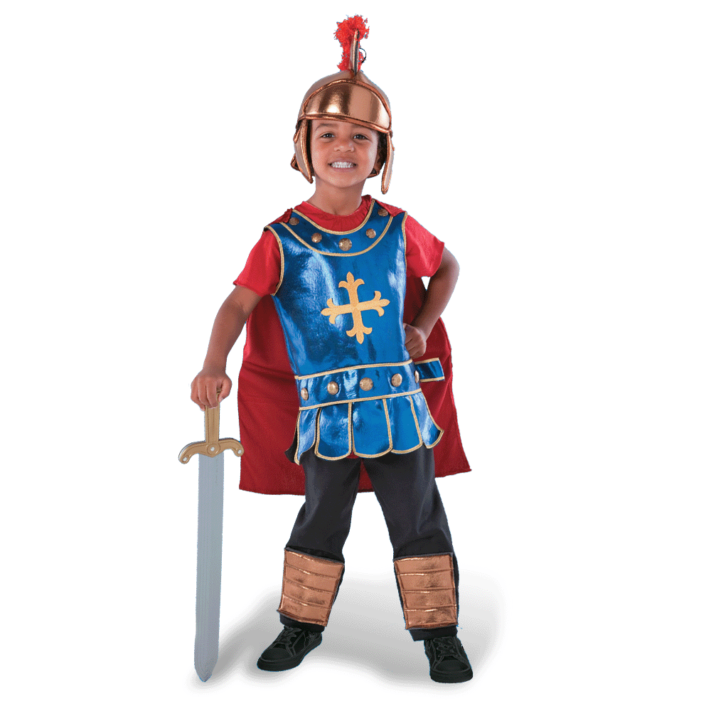 Little boy wearing a roman soldier kids costume with fringed helmet, red cape, and sword.