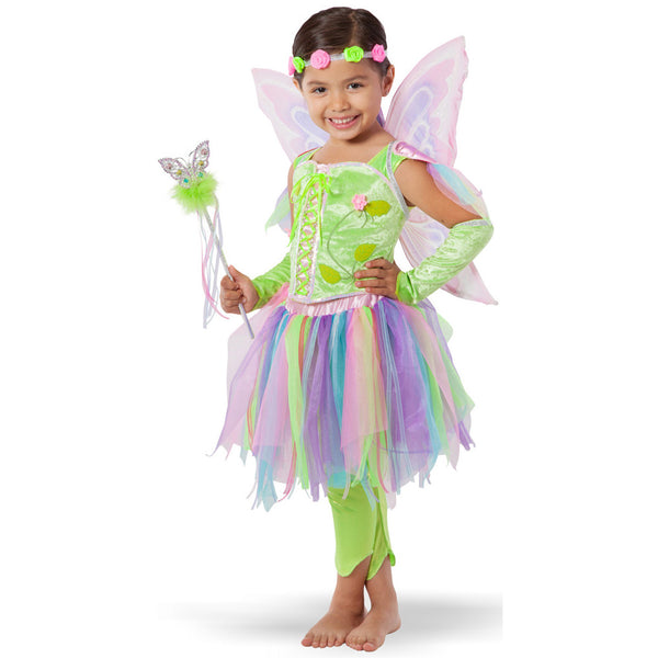 Image of cute little girl wearing a flower fairy costume for children with rainbow skirt and butterfly wings.