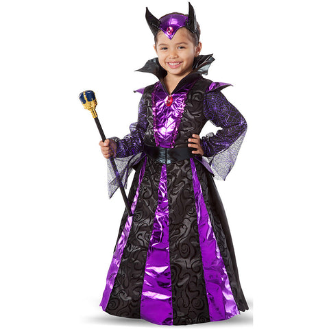 Child dressed up in purple and black evil queen kids costume featuring a horned headpiece and black and gold sceptre. 
