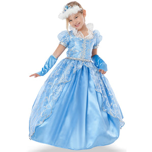 Little girl posing in an ice-blue children's princess costume with jeweled tiara and lace ruffles.  