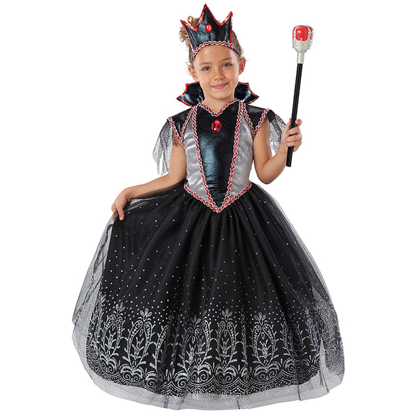 Girl dressed up in Teetot brand evil queen children's costume in black and silver featuring a black crown and red tipped scepter. 