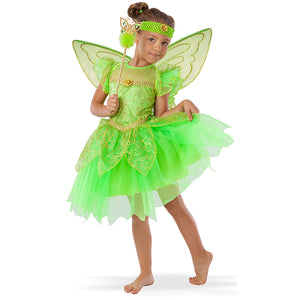 Girl wearing a children's costume dressed as a green fairy with golden lace, glittered wings, butterfly wand and green headband. 