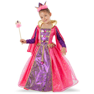 Little girl wearing princess kid's costume with pink and purple dress, gold collar and accents, crown and wand. 