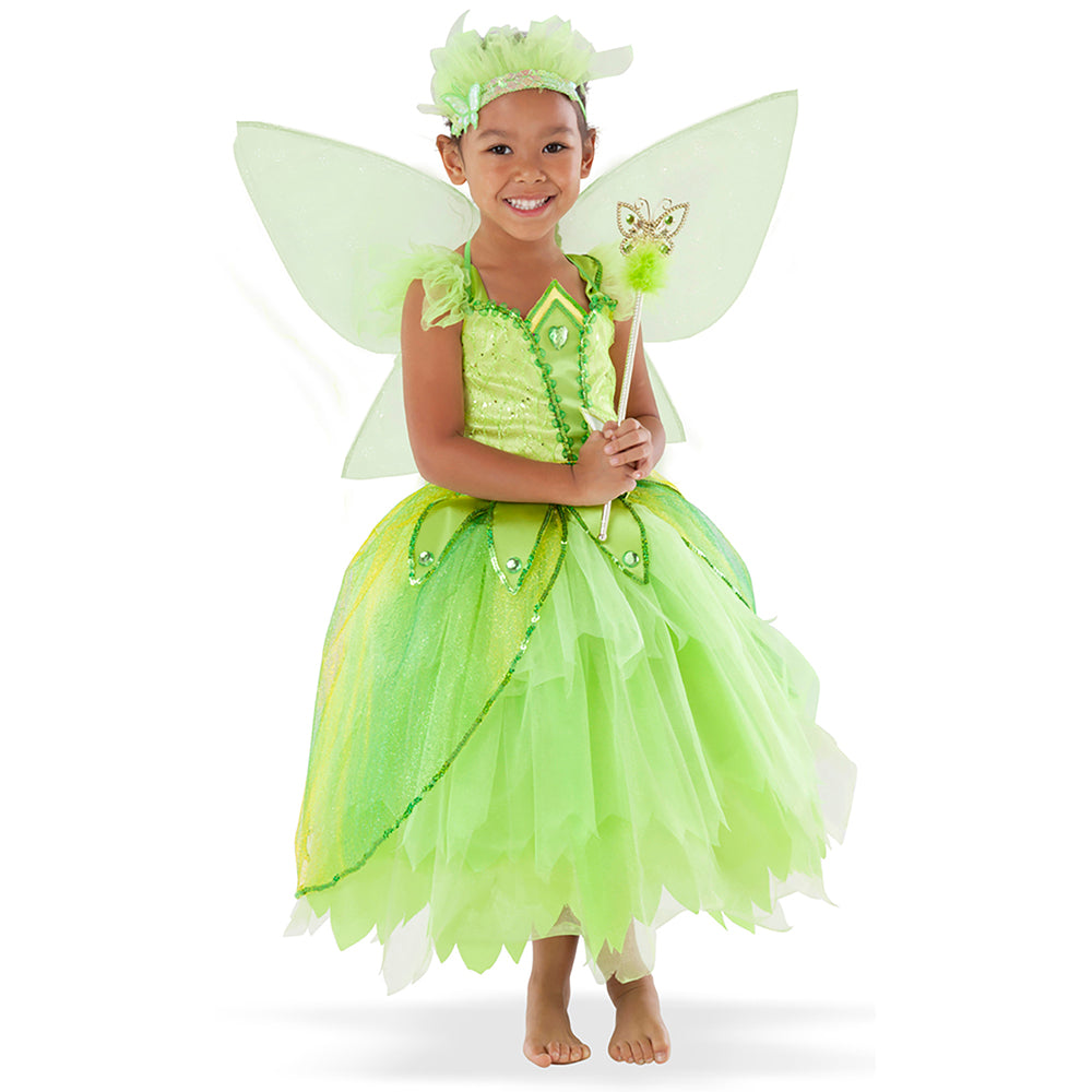 Little girl poses wearing a lime green fairy children's costume with butterfly wings and toy magic wand.