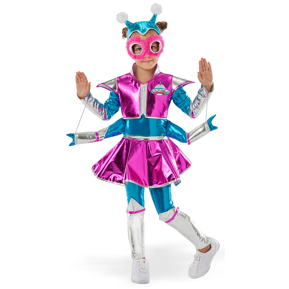 Little girl wearing silver, blue and pink four-armed alien costume for kids with antennae headpiece.