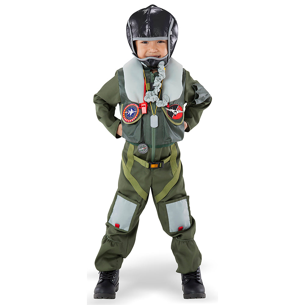 Young boy wearing fighter pilot children's costume with helmet, air hose, patches, whistle, dog tags and vest.