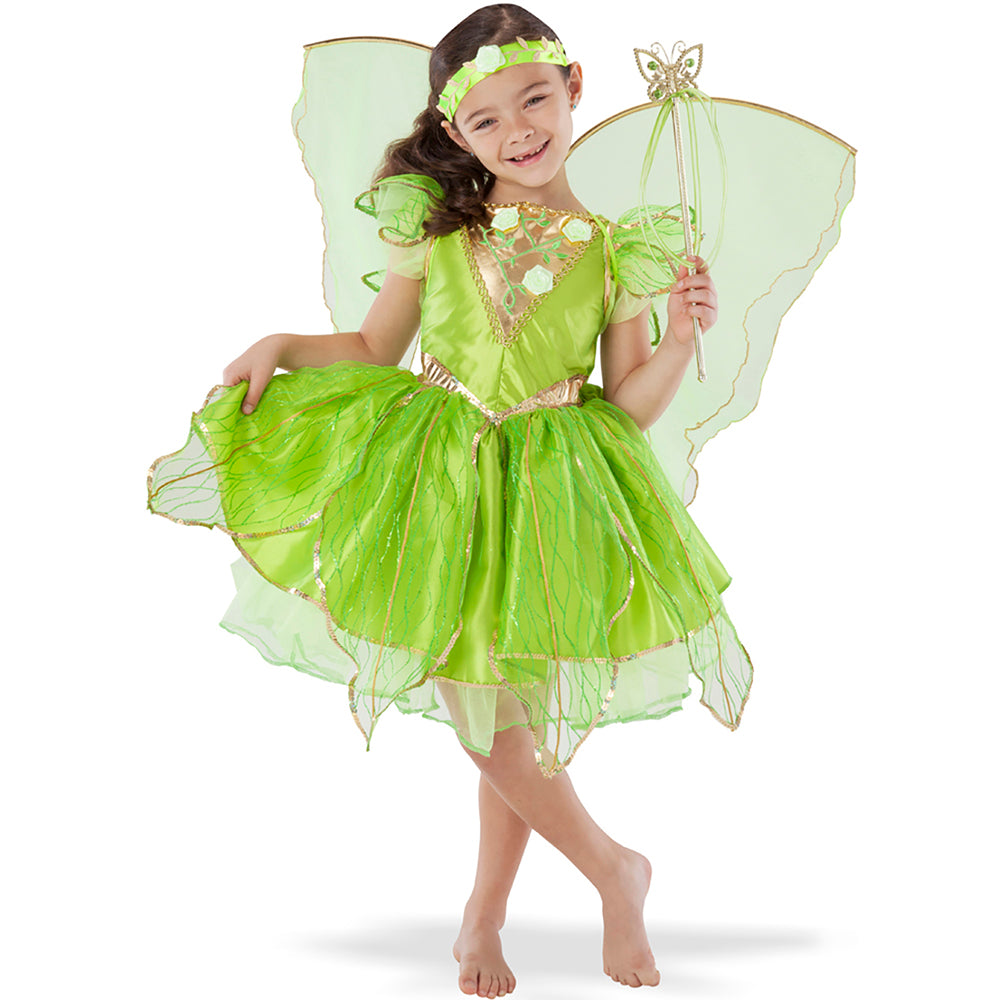 Little girl wearing a Teetot butterfly children's princess costume with green leaf skirt, butterfly wand, headband and attached butterfly wings.