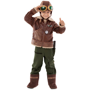 Child wearing a Teetot brand kids dress up Aviator costume with brown fur-lined jacket, brown fabric hemet and toy goggles.  The costume features green pants with attached boots.