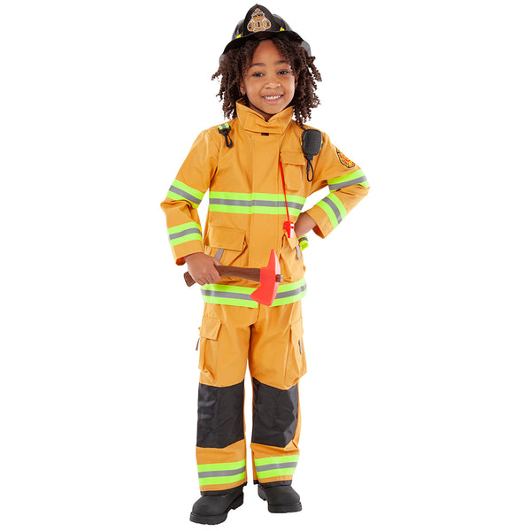 Child wearing authentic firefighter costume with helmet, fireman's axe, toy radio, in yellow.