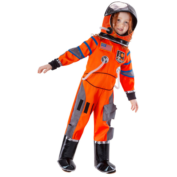 Child wearing Teetot brand orange astronaut jumpsuit children's costume with attached air hoses and sewn helmet. 